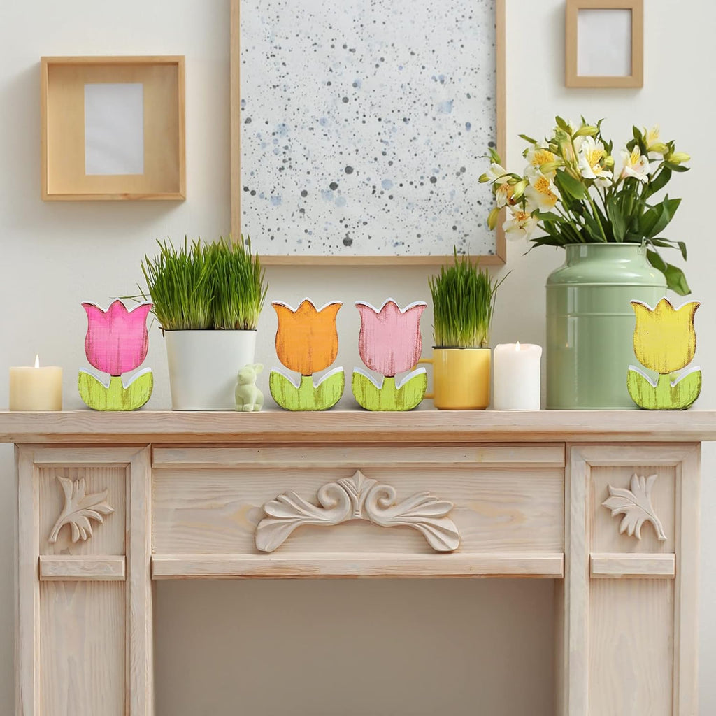 Whaline 4Pcs Spring Tulips Wood Signs - Rustic Floral Table Decor for Farmhouse Centerpieces