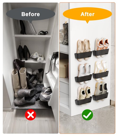 DegMongee 6-Pack Wall Mounted Shoe Rack with Sticky Strips, Space Saving Hanging Shoe Rack, No-Drill Hanging Shoe Shelves, Ideal for RV, Campers, Door, Closet