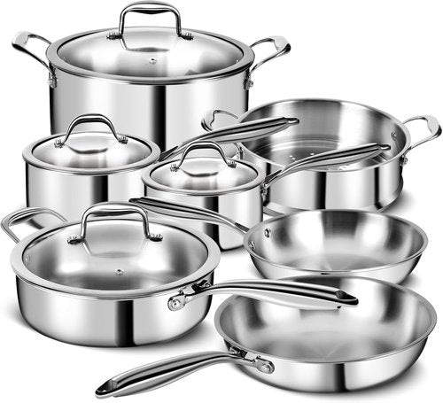 3 Ply Stainless Steel Cookware Set - 11-Piece Kitchen Set with Lids | Non-Toxic, Induction & Dishwasher Safe