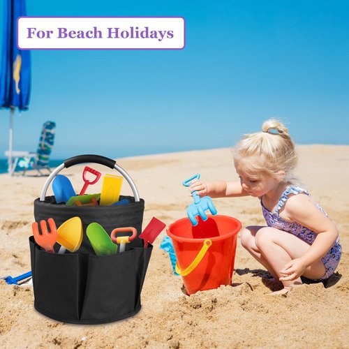 IHOMAGIC 17L Cleaning Caddy with Handle and 6 Pockets, Foldable Cleaning Supply Caddy, Portable Shower Caddy in 600D Oxford Fabric, Multifunctional Storage Basket for Camping, Gardening, Black