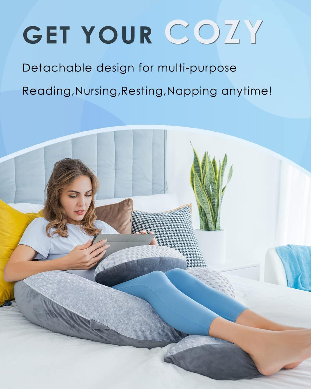 Queen Rose Pregnancy Pillow - E-Shaped Maternity Support with Detachable Wedge | 60-Inch Dual-Sided Velvet Cover in Grey