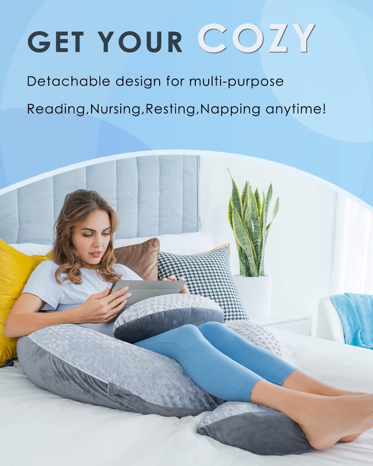 Queen Rose Pregnancy Pillow - E-Shaped Maternity Support with Detachable Wedge | 60-Inch Dual-Sided Velvet Cover in Grey