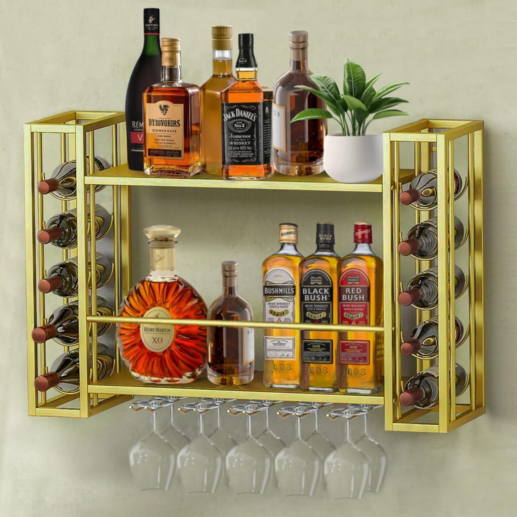 FLRH Metal Wall Mounted Wine Rack, Hanging Floating Bottle Holder with Glass Rack, Wall Display Storage Shelf for Home Bar, Dining Room, Kitchen, Gold