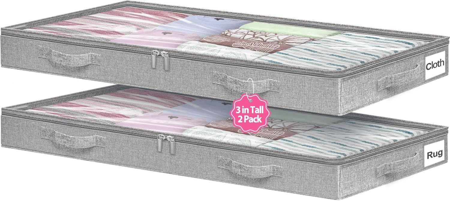 Under Bed Storage Containers by [Brand Name] - Foldable Clothes Organizer with Lid & Zipper | 3-Inch Low Profile, Gray, 2-Pack