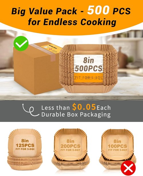500Pcs Air Fryer Paper Liners - 8” Square Non-Stick Parchment for 5-8 QT Air Fryers | Oil-Proof & Unbleached