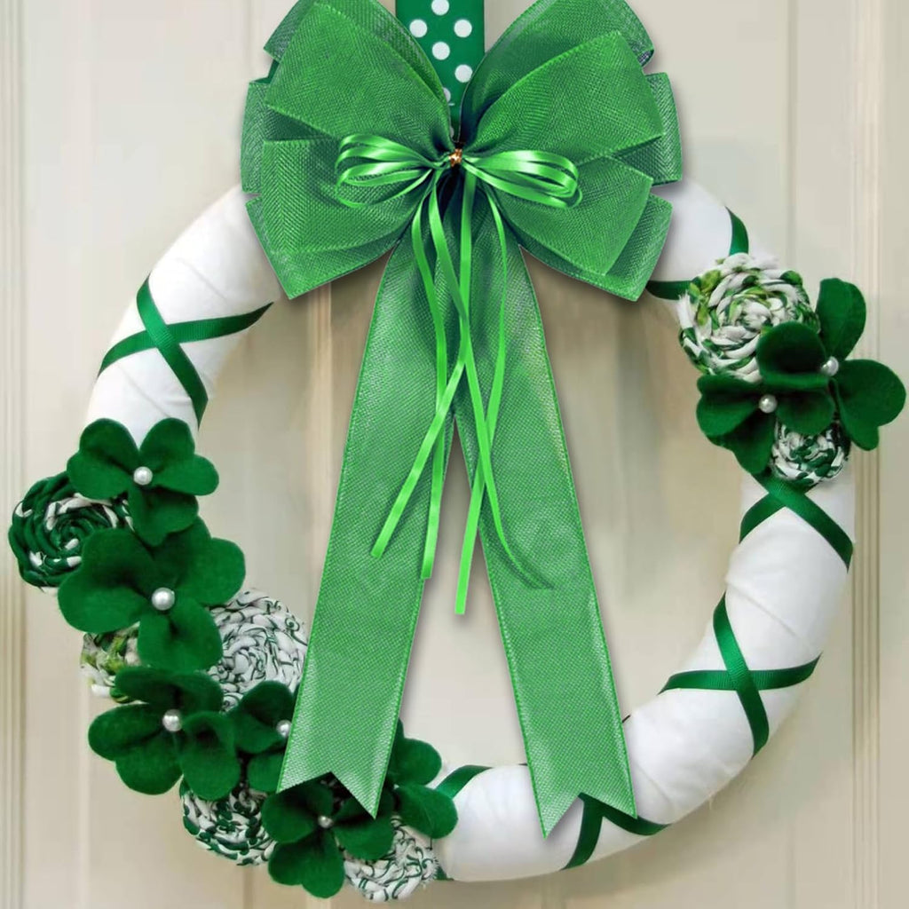 Skiennix St. Patrick's Day Wreath Bow Decor - 2 PCS Green Burlap & Glitter Tree Topper Bows