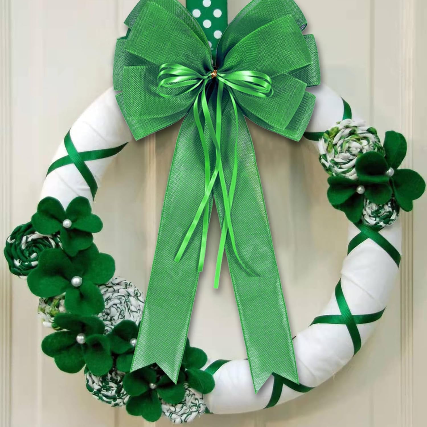Skiennix St. Patrick's Day Wreath Bow Decor - 2 PCS Green Burlap & Glitter Tree Topper Bows
