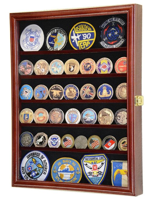 56 Challenge Coin Display Case Cabinet - Fully Adjustable Shelves - Larger Coins - 98% UV Protection (Cherry Finish)