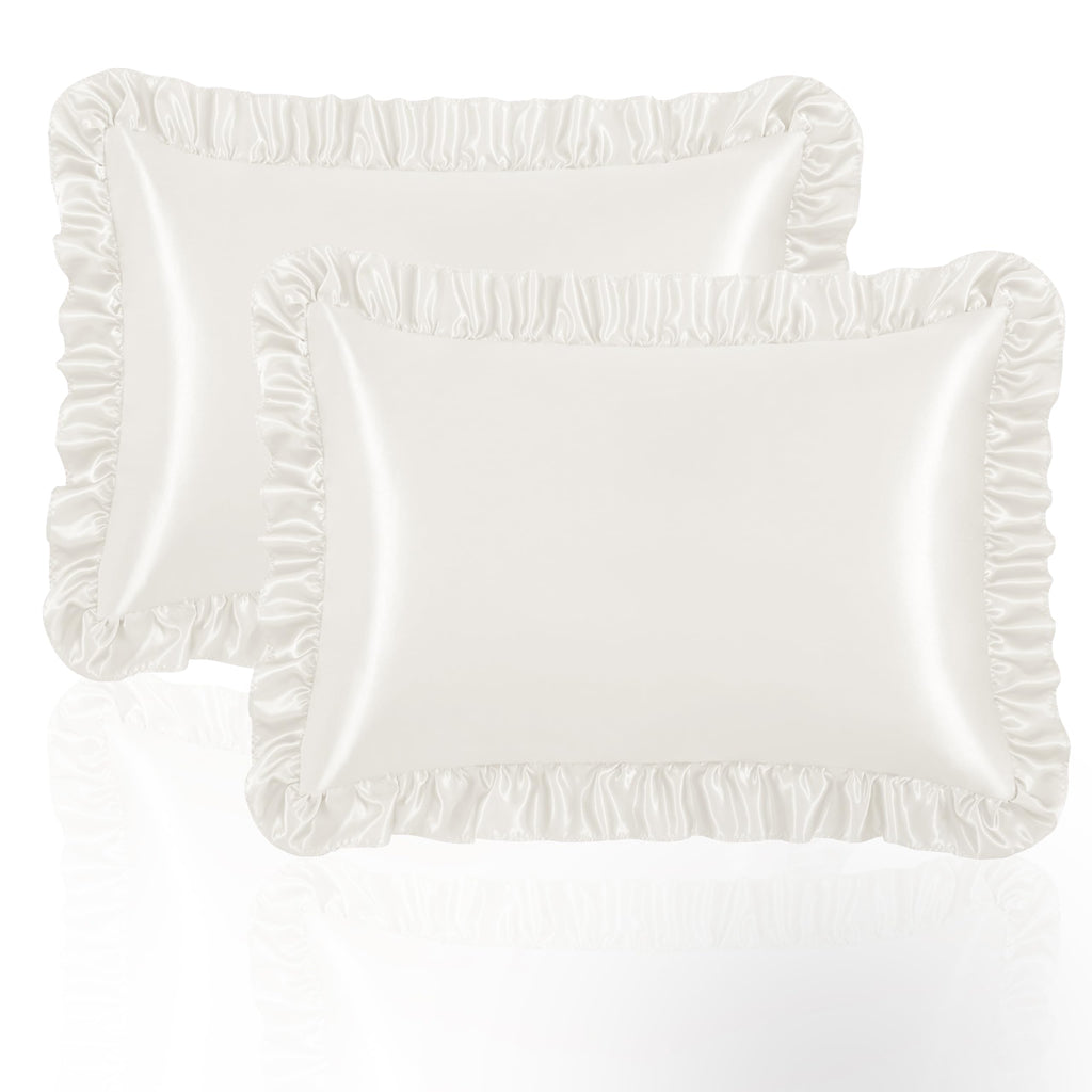 NSGZ Ruffled Satin Pillowcase Set of 2, Standard Size Silky Pillow Shams for Hair and Skin Care, Ivory White Satin Pillow Covers with Envelope Closure, Anti Wrinkle Pillow Cases for Classic Room Decor