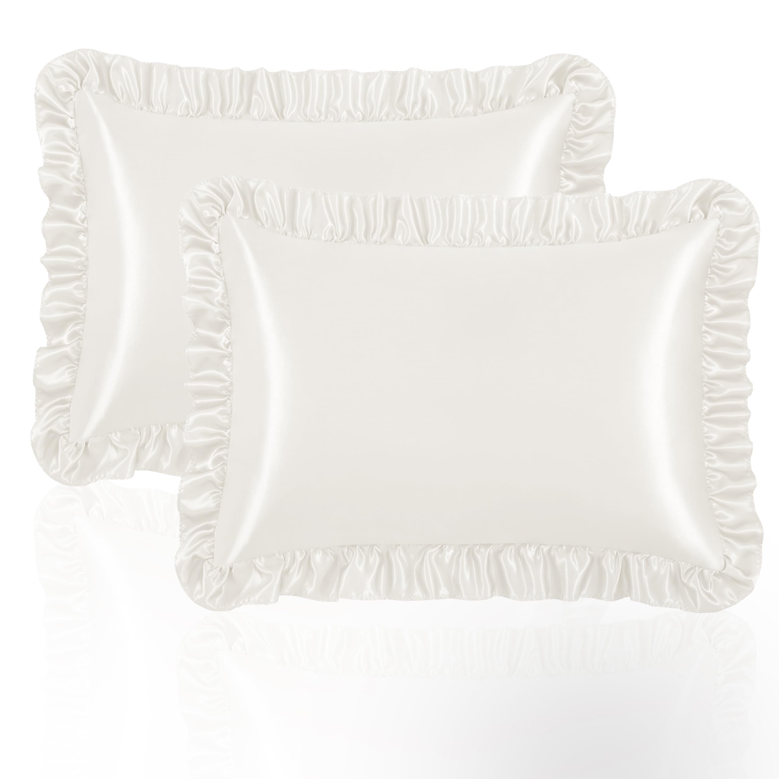 NSGZ Ruffled Satin Pillowcase Set of 2, Standard Size Silky Pillow Shams for Hair and Skin Care, Ivory White Satin Pillow Covers with Envelope Closure, Anti Wrinkle Pillow Cases for Classic Room Decor