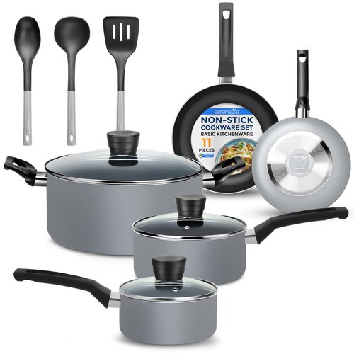 SereneLife Kitchenware Nonstick Cookware set, Non-Stick Coating Inside, Basic Kitchen Pots and Pans set, Heat Resistang Lacquer (11 Piece set), One Size, Gray