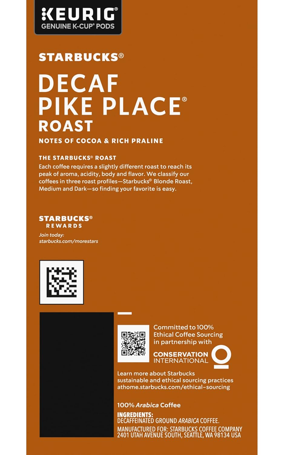Starbucks Decaf Pike Place Roast K-Cups - Smooth Flavor, 72 Count (3 Boxes of 24)