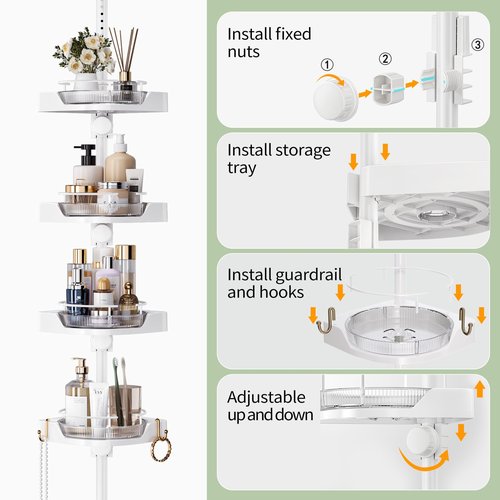 360° Rotating Shower Caddy Tension Pole, 4 Tiers Corner Shower Organizer for Bathroom Shelf Bathtub, Adjustable Standing Shower Rack Bathroom Accessories, Easily Assemble, 34-124 Inch Height, White