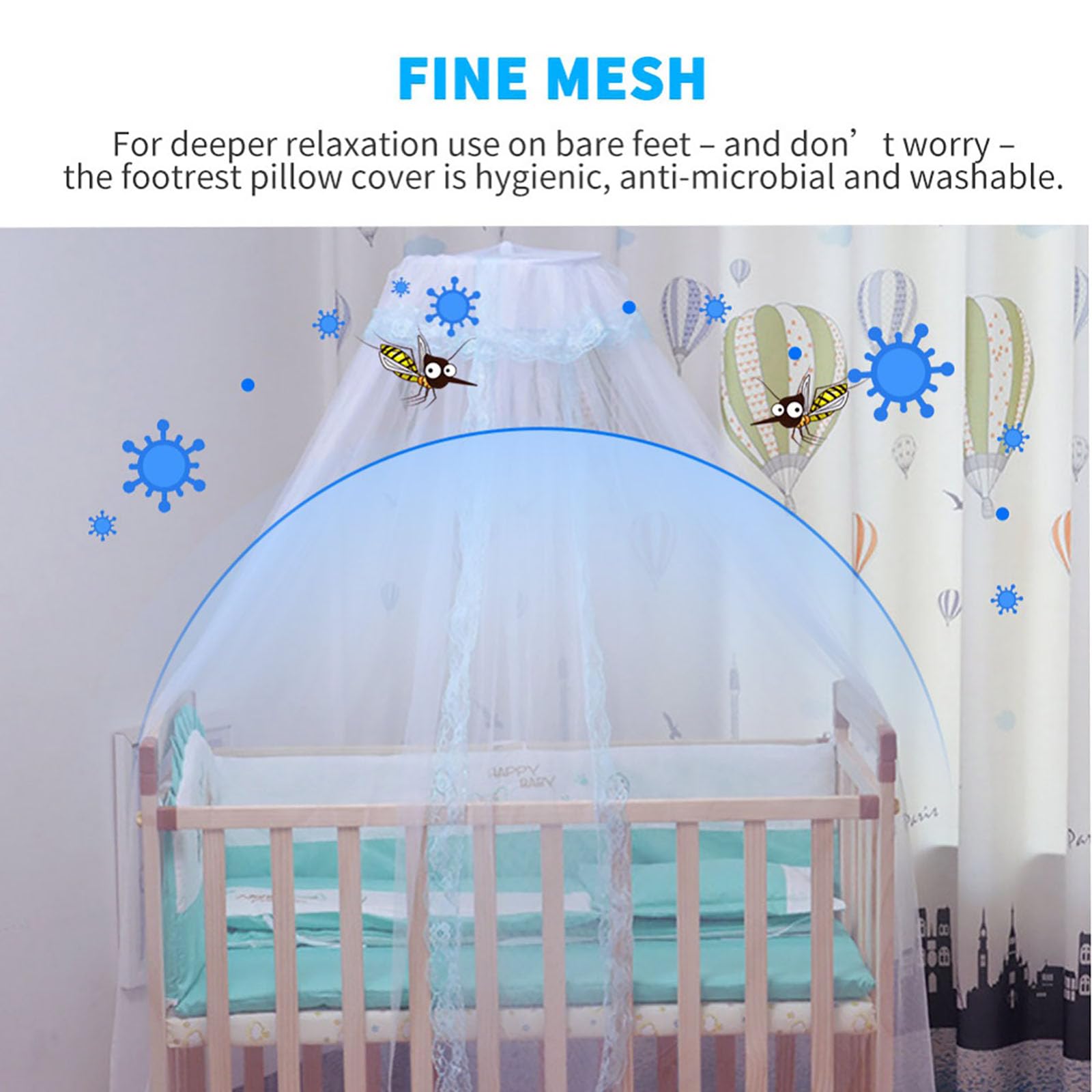 Vawolecy Universal Crib Floor Mosquito Net with Lace, Breathable Crib Netting Bed Curtains Canopy for Baby Kids, Toddler Bed Crib Dome Canopy Netting Without Stand