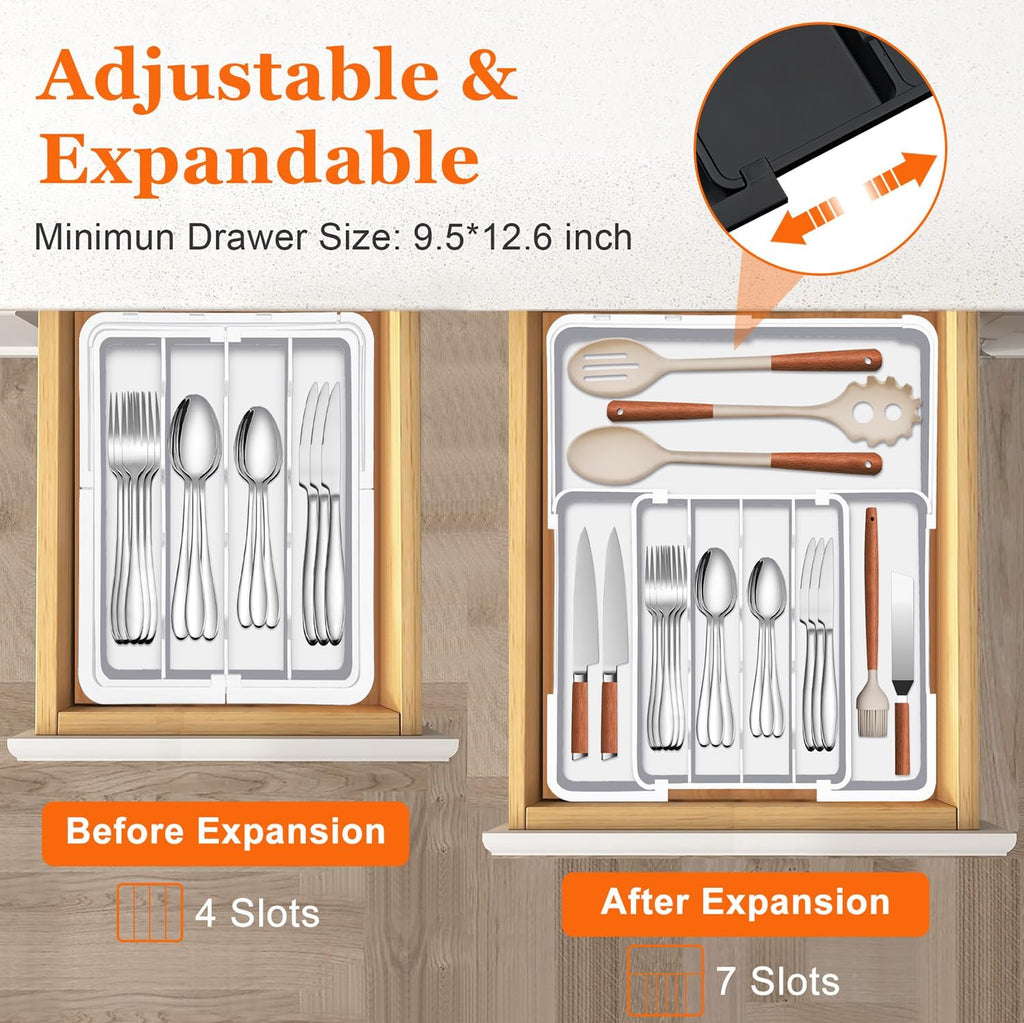 Spaclear Silverware Organizer - Expandable BPA-Free Utensil Drawer Tray with 7 Compartments | White