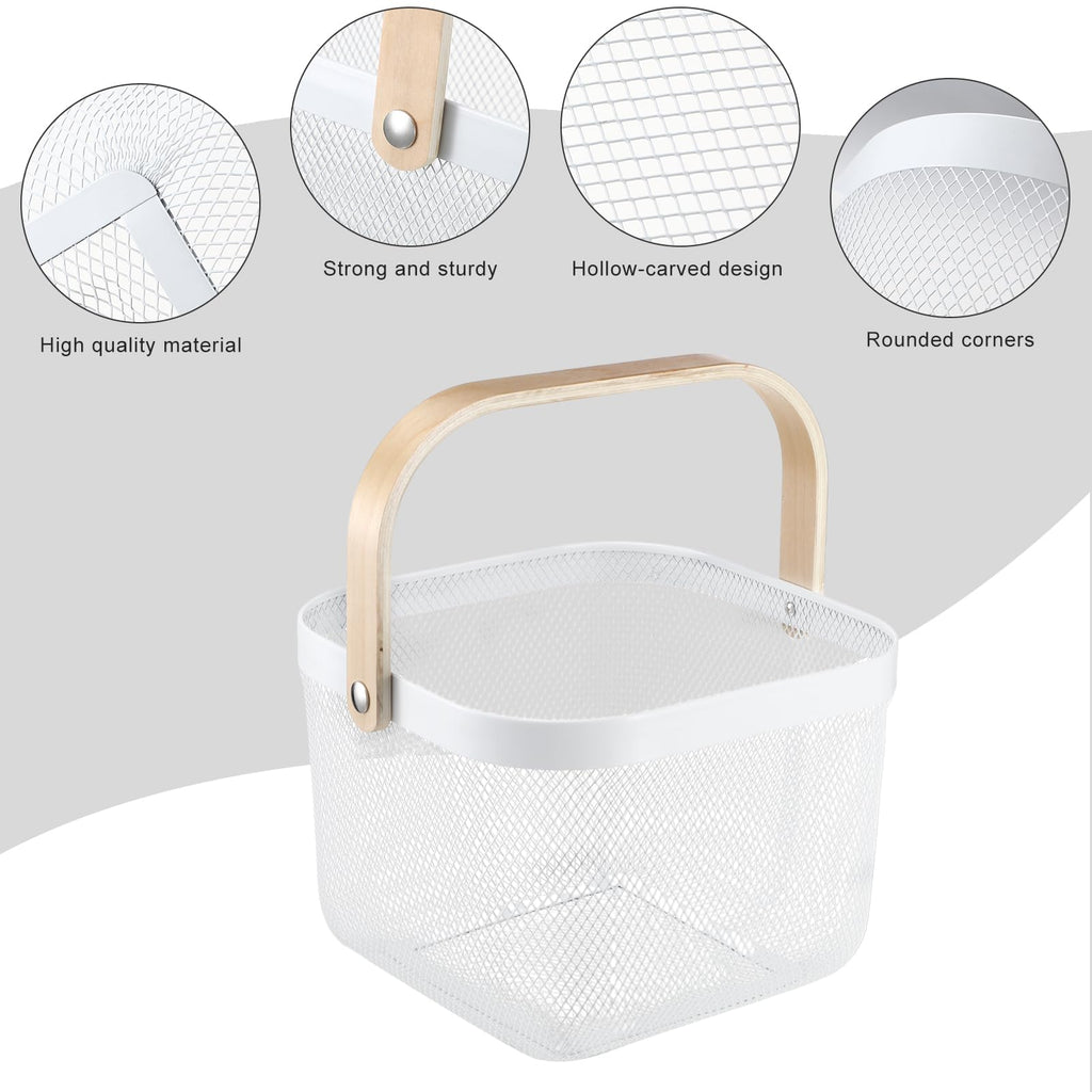 Roshtia White Metal Wire Storage Basket with Wooden Handle 9.65 x 9.65 x 7.09 Inch, Decorative Gift Basket for Wedding, Nurse Appreciation Week, Bathroom Kitchen Organizer, Farmhouse Storage Bin