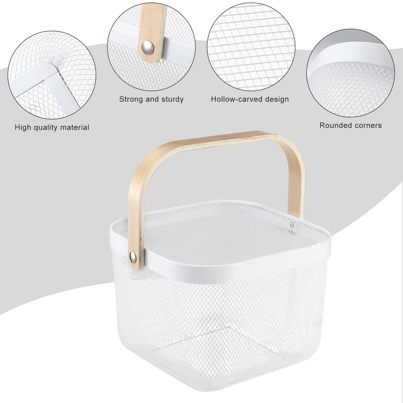 Roshtia White Metal Wire Storage Basket with Wooden Handle 9.65 x 9.65 x 7.09 Inch, Decorative Gift Basket for Wedding, Nurse Appreciation Week, Bathroom Kitchen Organizer, Farmhouse Storage Bin