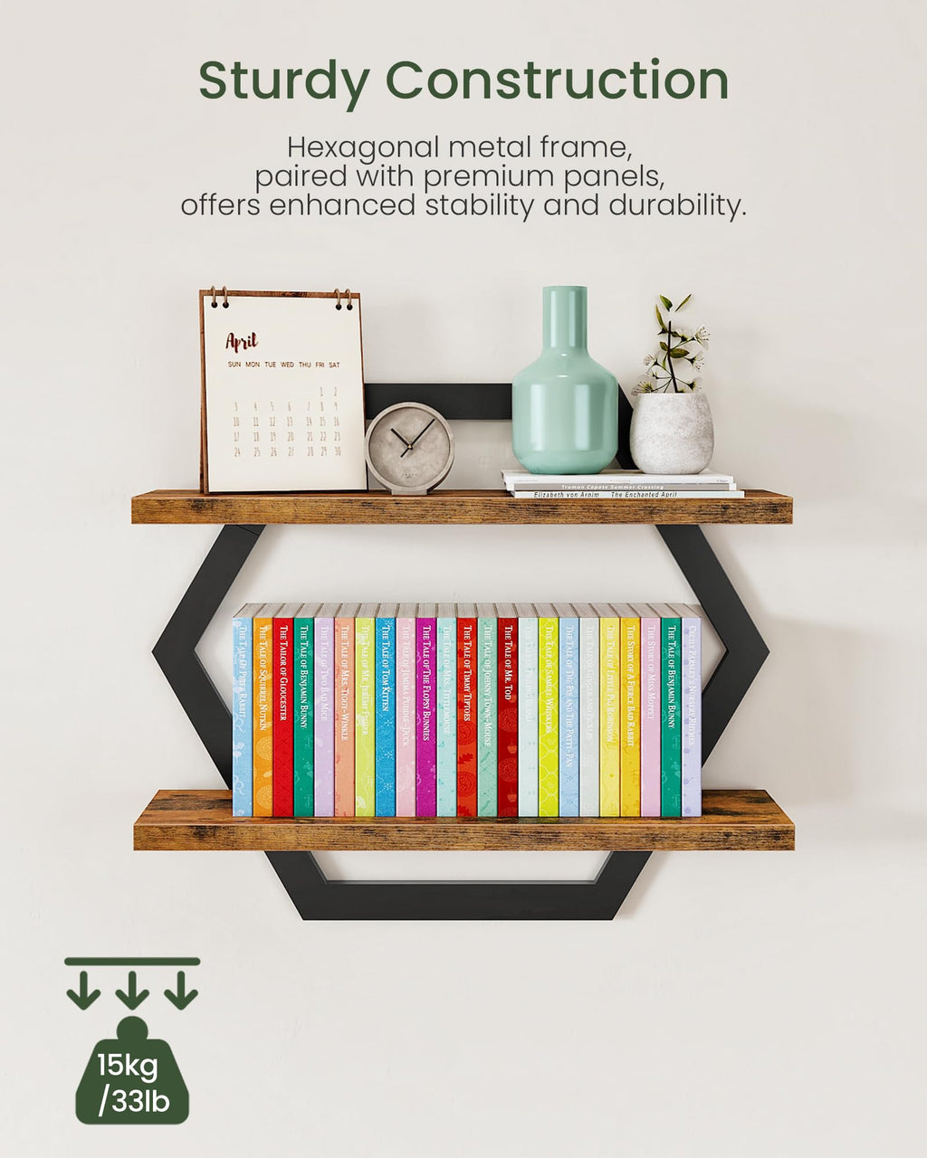 CHOEZON Hexagon Floating Shelves for Wall, Set of 2, 2 -Tier Hanging Shelves, Wall Mounted Storage Shelves, for Living Room, Bedroom, Kitchen, Home Office, Study, Rustic Brown and Black TBJ06P2BF