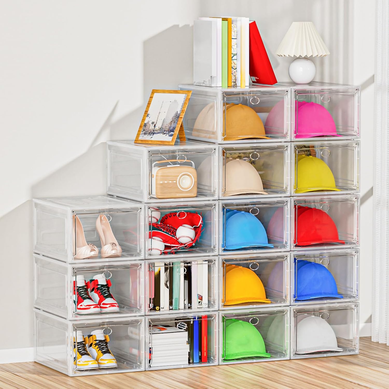 YKLSLH Hat Organizer - Durable Clear Storage Box for 40 Baseball Caps with Magnetic Door | White