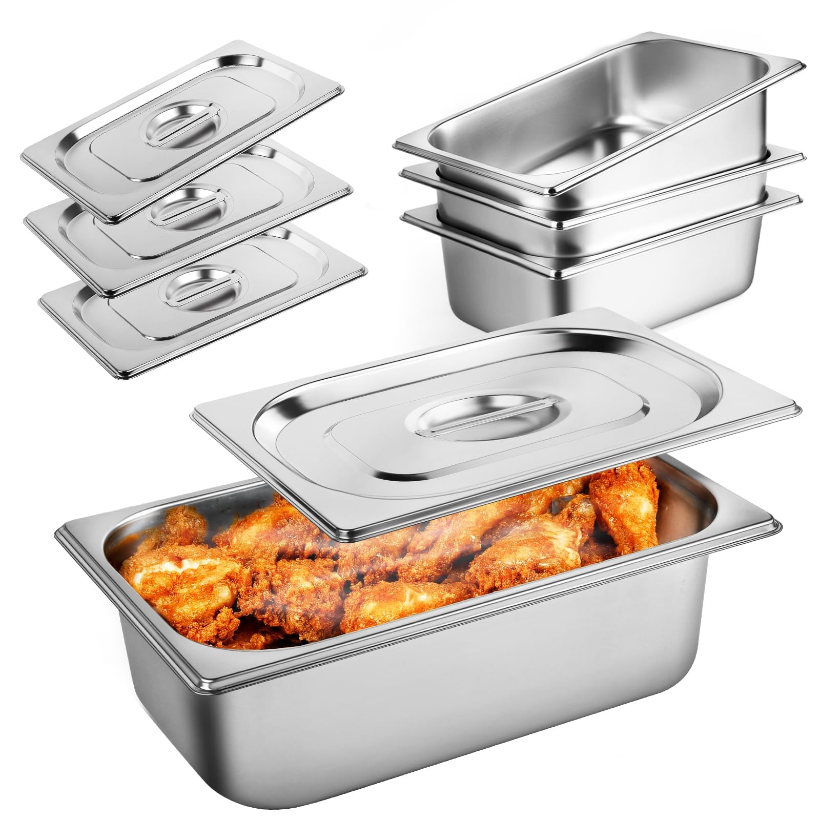 West Bay 4 Pack 1/4 Size Hotel Pan with Lids, 4'' Deep Steam Table Pan with Lid, 10.2''L x 6.3''W Stainless Steel Pans for Home, Party, Hotel, Buffet