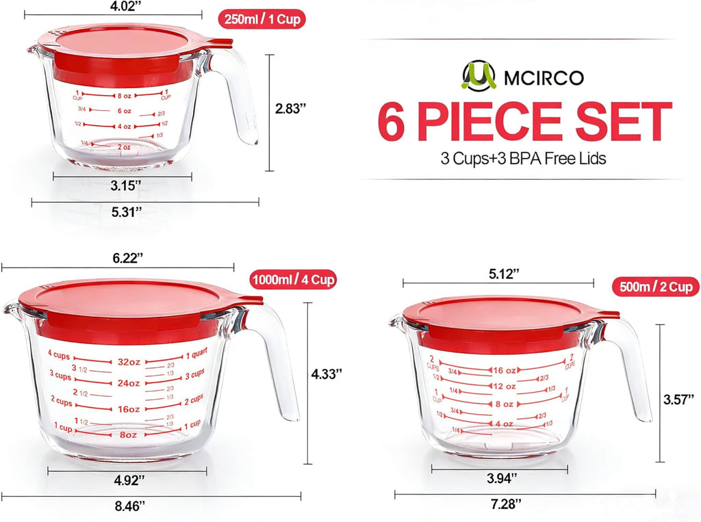 MCIRCO Glass Measuring Cups Set - 6 Pcs with Lids | 1-Cup, 2-Cup, 4-Cup Nesting Jugs for Kitchen Use
