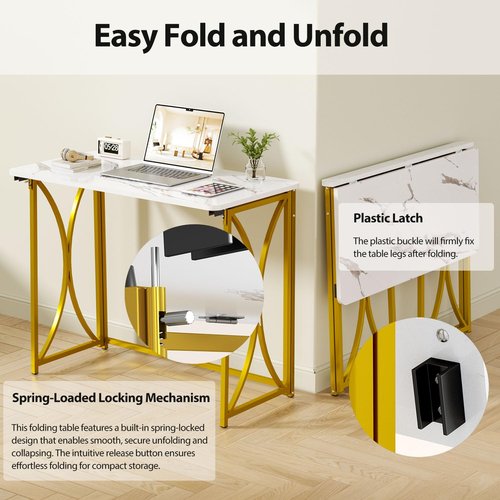 coeztt Folding Desk, 31.5" Small for Bedroom, Space Saving Foldable Computer Desk for Home Office, Easy Assembly, White and Gold