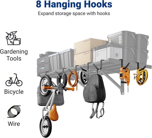 FLEXIMOUNTS Heavy Duty Garage Wall Shelving - 2x4ft Wall-Mounted Storage with 8 Hooks, 400lbs Capacity