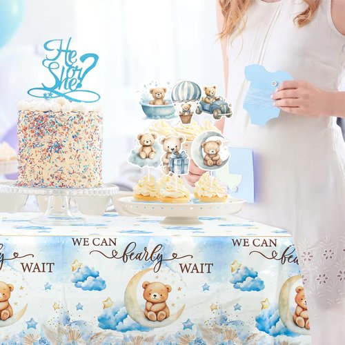 We Can Bearly Wait Baby Shower Decorations -Teddy Bear Boho Balloons Banner Boxes Cupcake Topper, We Can Bearly Wait Sign Backdrop Tablecloth, Boy Baby Shower Decorations Gender Reveal Party Decor