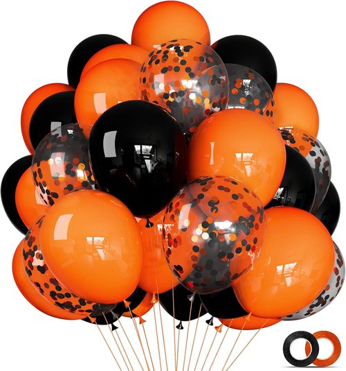 68Pcs Black and Orange Balloons - 12 Inch Latex Set with Confetti Ribbons for Halloween & Graduation Decor