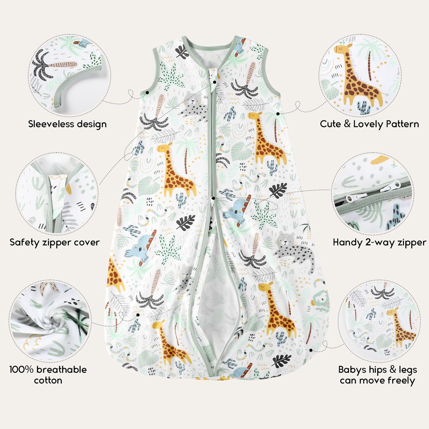 Yoofoss Baby Sleep Sack - 100% Cotton Wearable Blanket for Infants 6-12 Months | Lightweight 2-Way Zipper, Giraffe