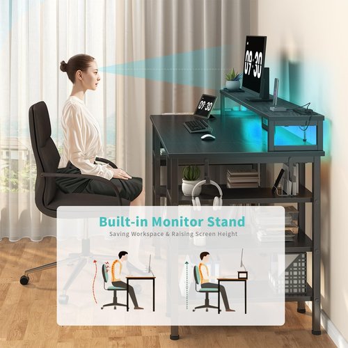 Lufeiya Gaming Desk with LED Lights and Storage Shelves, 47 inch Computer Desk with Power Outlets, Home Office Desk with Monitor Stand, Writing Table PC Desks, Black