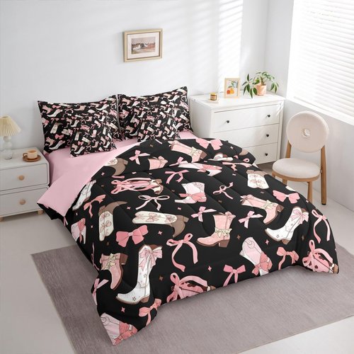 Girls Pink Bow Comforter Set With Sheets Full Size,Cowgirl Coquette Bow 7 Piece Bedding Set Black And Pink Bed In A Bag Western Coquette Boots Sheet Set With Fitted Sheet,Pillowcases & Pillow Covers