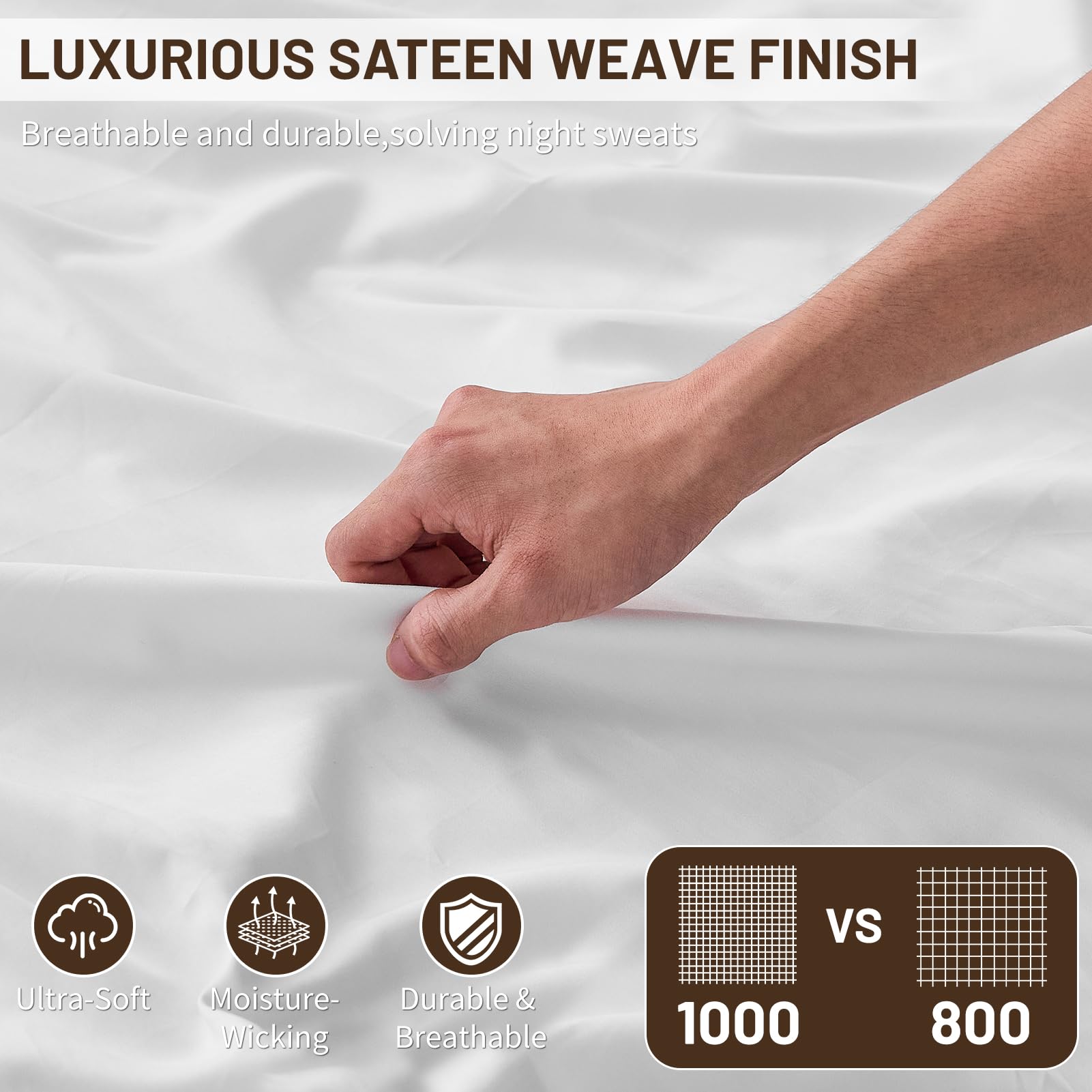MEISHANG Extra Deep Pocket Cotton Sheets Queen Size - 100% Egyptian Cotton 1000 Thread Count - Fits 18"-24" in Deep Mattress,Oeko-Tex Certified, Soft & Breathable - 4 Piece (Queen, Whtie)