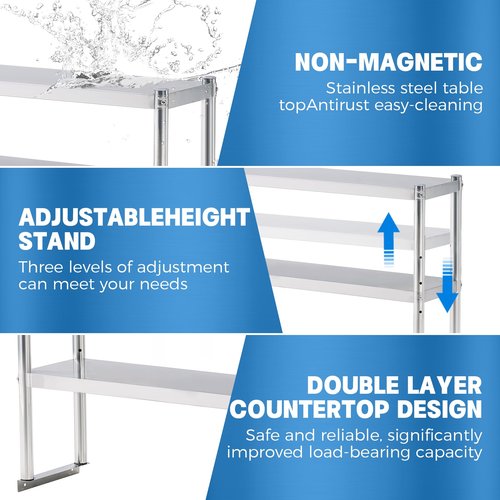 KUARBARR Stainless Steel Shelf 2 Tier Stainless Overshelf for Kitchen Prep Work Table 12 x 48 Inches Adjustable Commercial Steel Table OverShelf for Kitchen, Restaurant, Bar, Utility Room, Garage