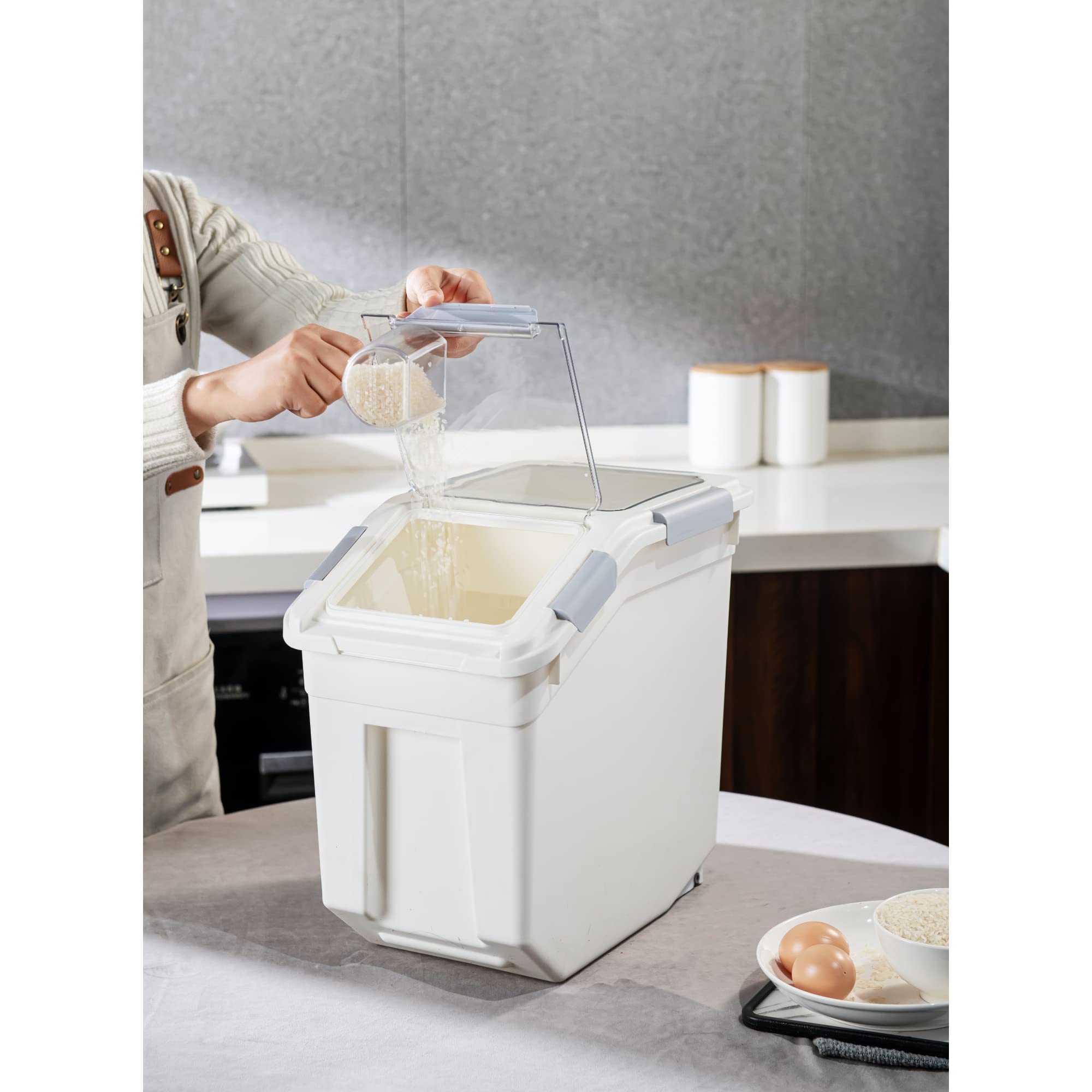 HANAMYA 33 Liter / 50 lbs Rice Storage Container with Measuring Cup, BPA free, For Rice | Grain | Pet Food | Flour, 2 count, White
