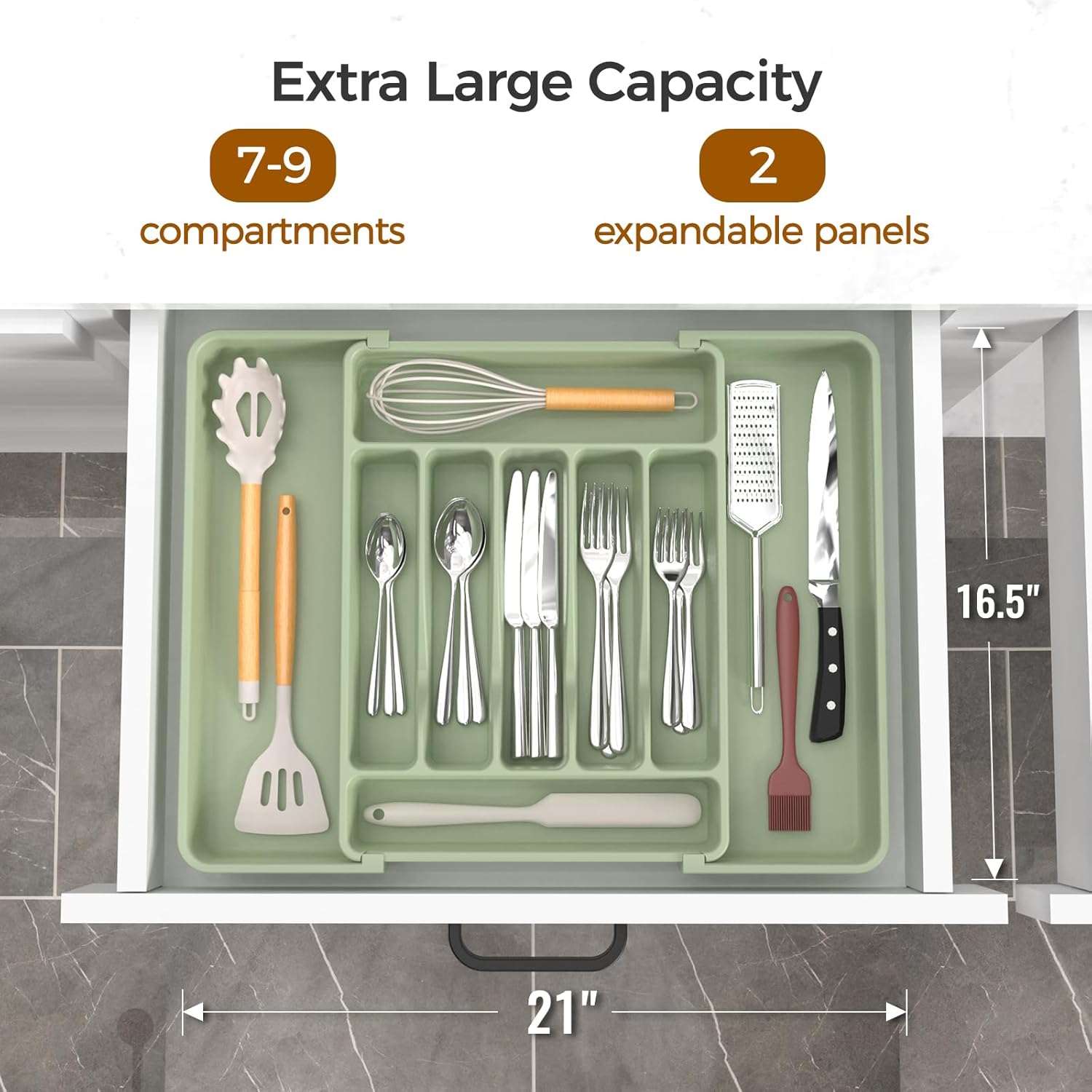Ukeetap Extra Large Expandable Silverware Organizer - BPA-Free Cutlery Holder for Kitchen Drawers | Green