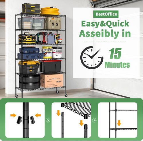 BestOffice 6-Tier Metal Storage Shelves - Adjustable Wire Shelving Unit with 2100LBS Capacity | Black
