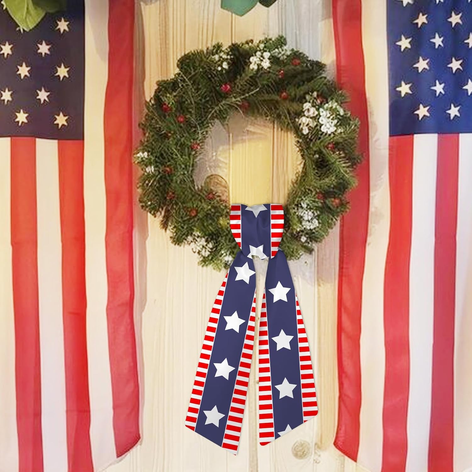 Patriotic 4th of July Wreath Sash by [Brand Name] - 4.5" x 56" Red & Blue Satin Ribbon with Stars & Stripes