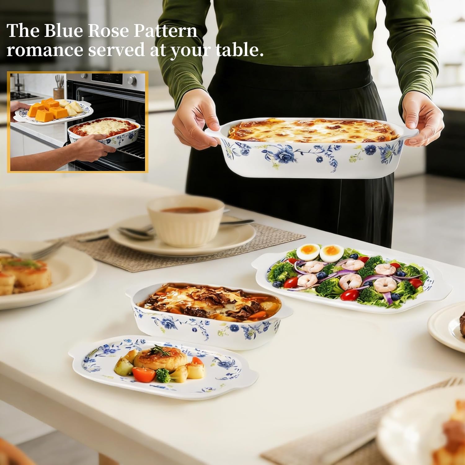 Regine Switzerland Ceramic Casserole Dish Set - 4-Piece Bakeware with Lids | Oven & Microwave Safe, 13x8 & 9x6 Inches