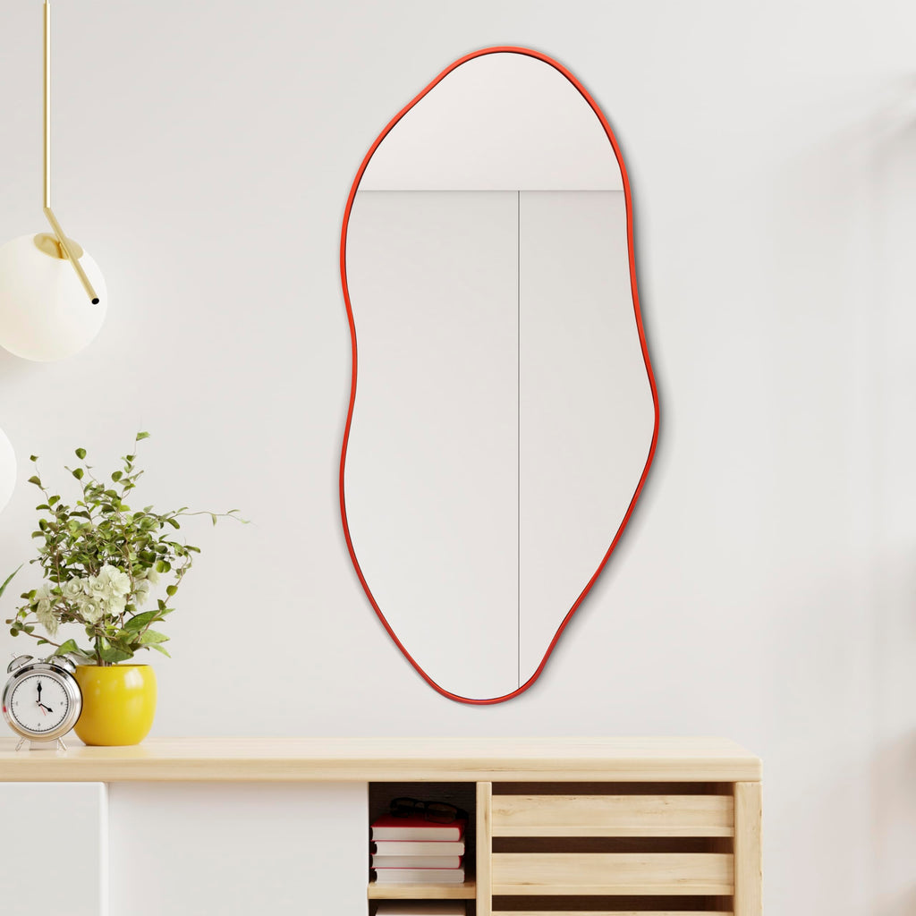 JONATHAN Y MIR200B Everly 20 in. W x 42 in. H Large Irregular Framed Decorative Wall Mirror, Anti-Rust for Bathroom, Living Room, Bedroom, Red