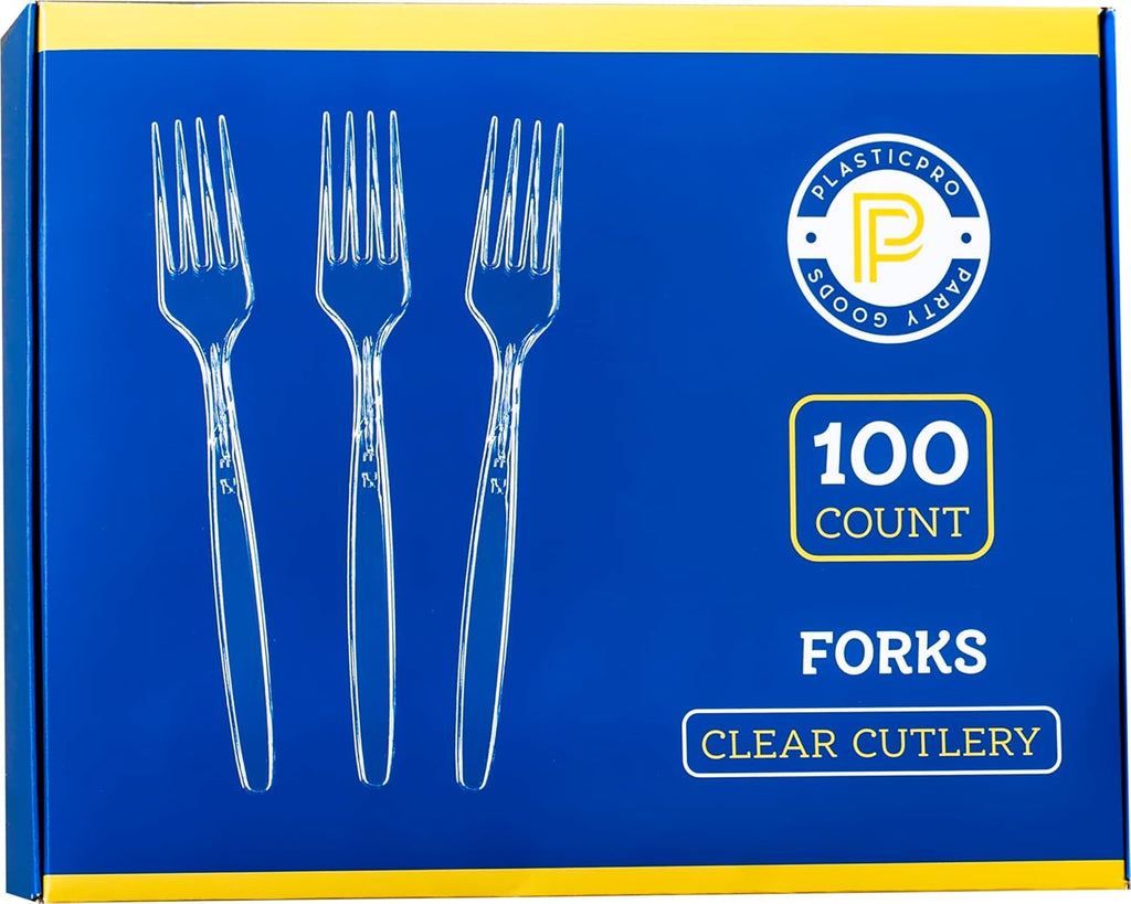 Plasticpro Heavyweight Disposable Clear Plastic Cutlery - 100 Count Forks for Easy Serving