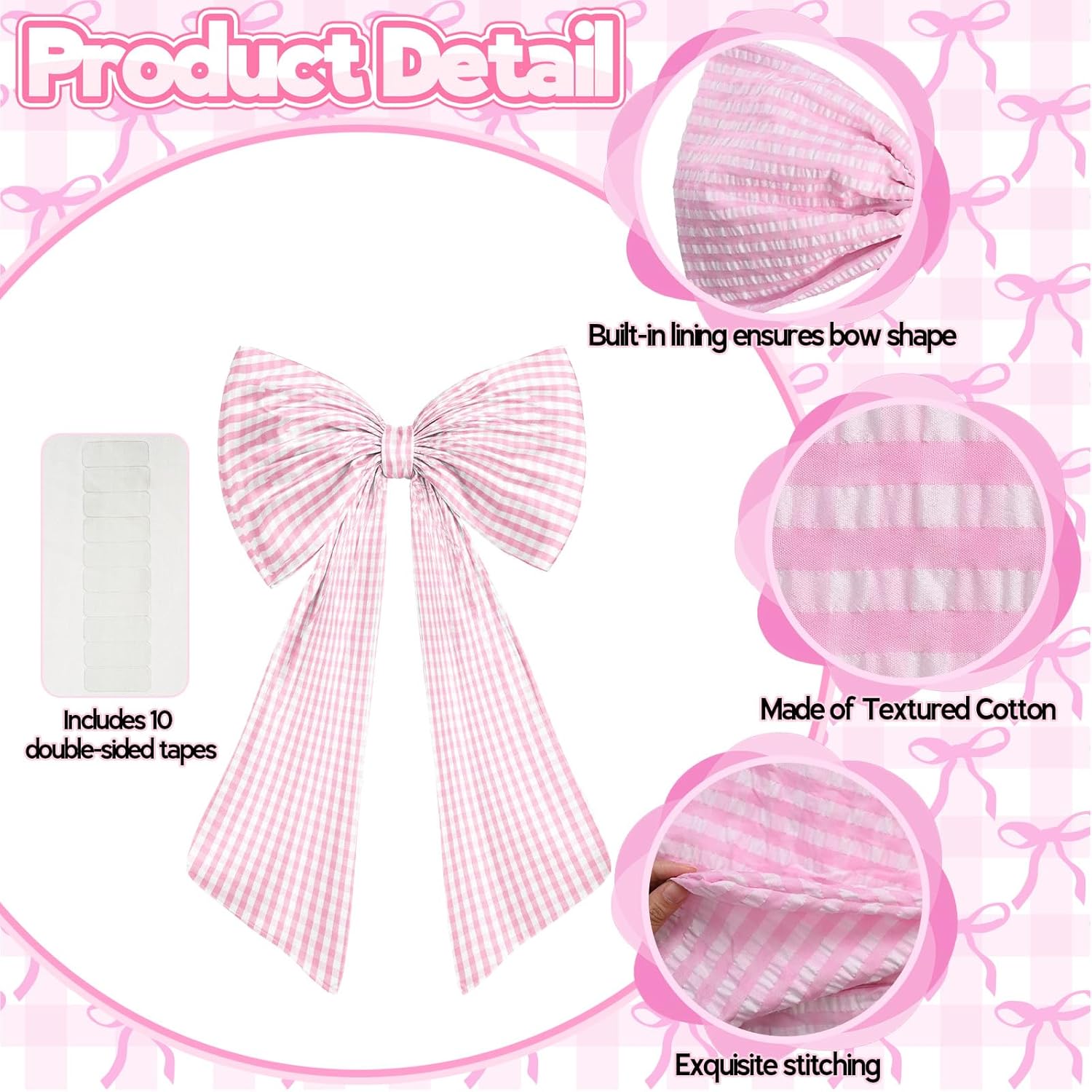 Skiennix Giant Pink Bow Decor - Checkered Coquette Bow for Birthday Parties | Textured Cotton, Large Size