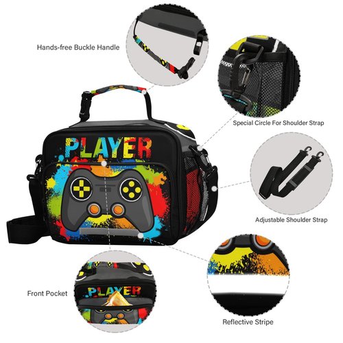 Glaphy Colorful Video Game Lunch Bag, Cooler Lunch Tote Box Insulated Lunch Bags Food Container for Boys Girls Kids