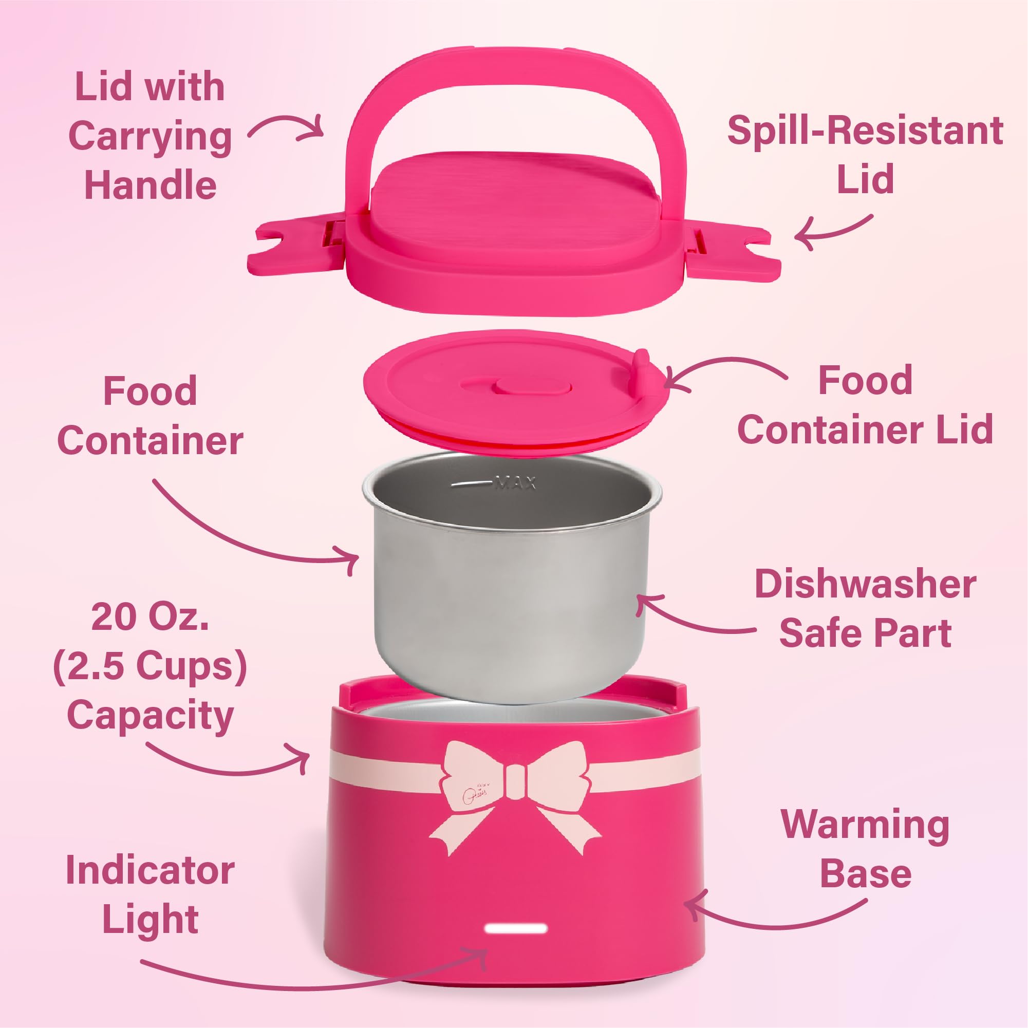 Paris Hilton Electric Lunch Warmer, 20-Ounce Stainless Steel Portable Food Container With Sealing Lid, Removable 2.5-Cup Inner Dish, Bow Front Decal, Hot Pink