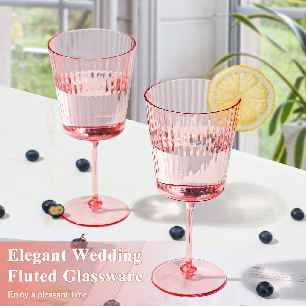 24 PCS Pink Plastic Wine Glasses with Removable Stems 13.5 OZ Ribbed Wine Glass Set Square White Wine Glasses Muted Pastel Colors Goblets Elegant Fluted Glassware for Wedding(Pink, 24 Pack)