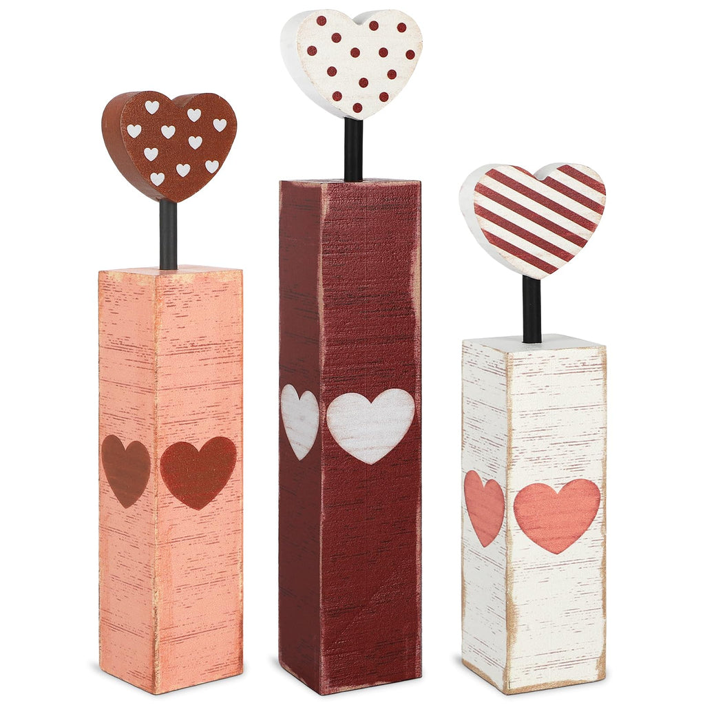 Valentine's Day Table Decorations 3 PCS Red Heart Tiered Tray Decor Wooden Rustic Valentine's Day Decor for Wedding Party Supplies (Candle.A)
