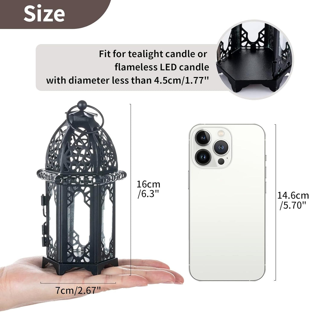 NUPTIO Moroccan Style Candle Lantern - Small Tealight Holder with Transparent Glass Panels | 2 Pcs, Black