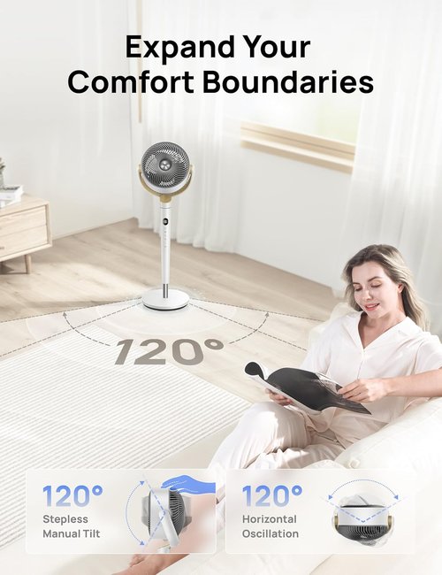 Dreo Fan for Bedroom, 120° Oscillating Standing Fan, Quiet Pedestal Fan with DC Motor, 9 Speeds, 4 modes, 20dB, 120° Manual Vertical, 37-42" Adjustable Height, 9H Timer, White