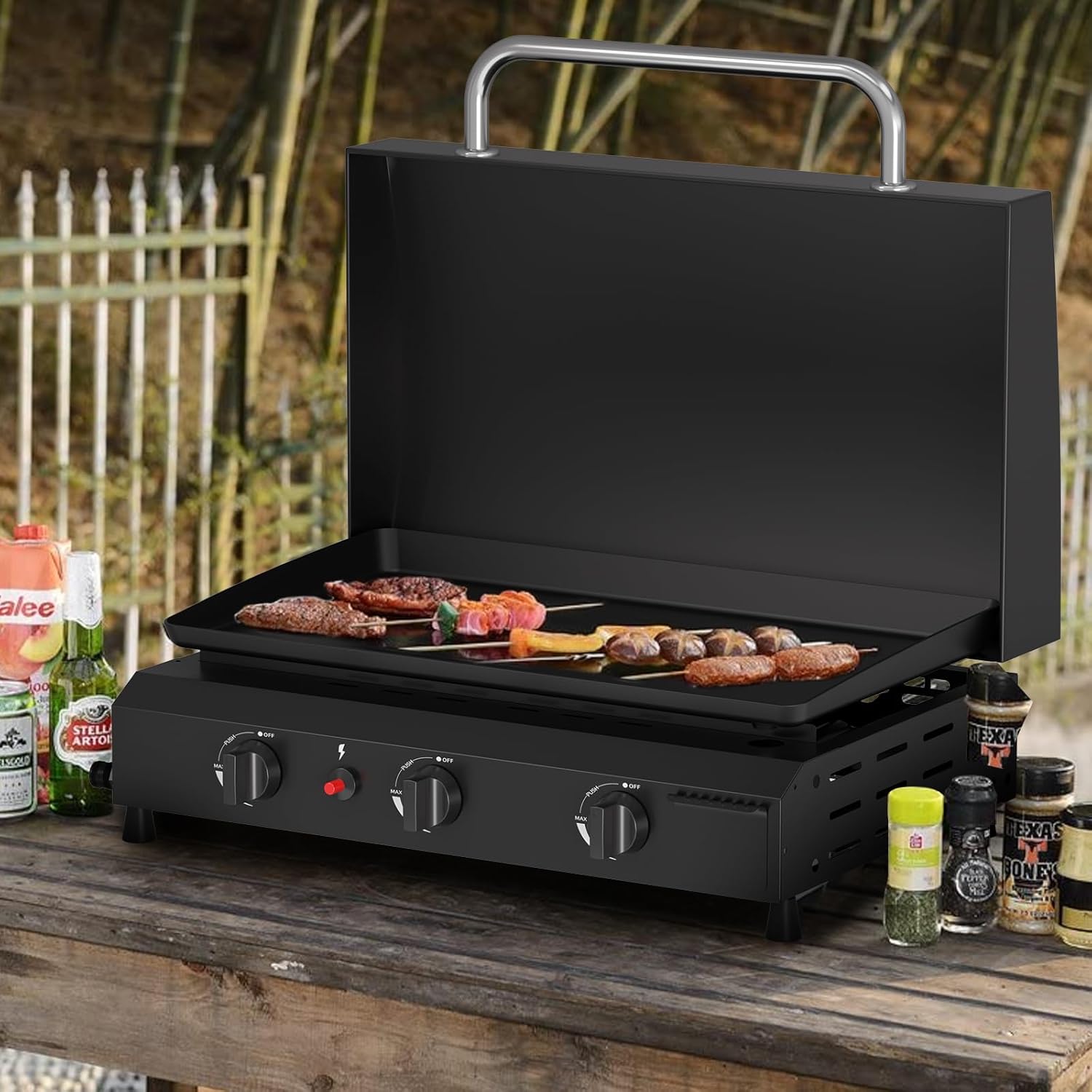 SKOK Gas Griddle - 23.3 Inch Portable Flat Top Grill with Hood for Camping & Tailgating | 45,000 BTU, 3 Burners