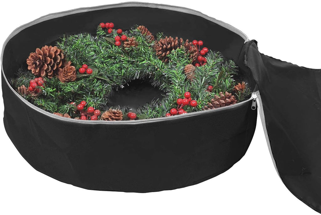 Primode Heavy Duty Christmas Wreath Storage Bag - Durable 600D Oxford Polyester - 24” Black Container with Handles